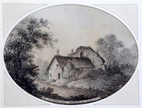 James Lambert Jnr (1741-1799) St Nicholass Hospital, Lewes ovals, 8.75 x 12in.
